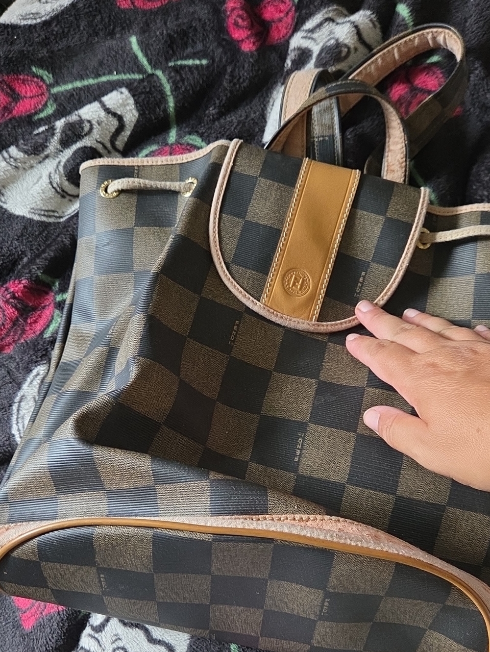 Fendi Brown Checkered Tote Bag with Tan Trim